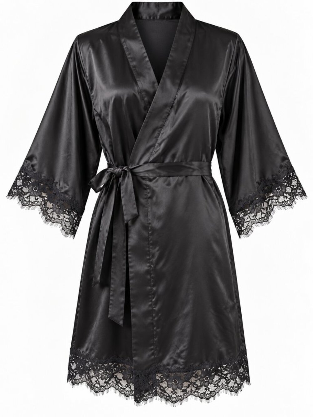 La Senza Black Satin Lace Trim Kimono Robe S/M
